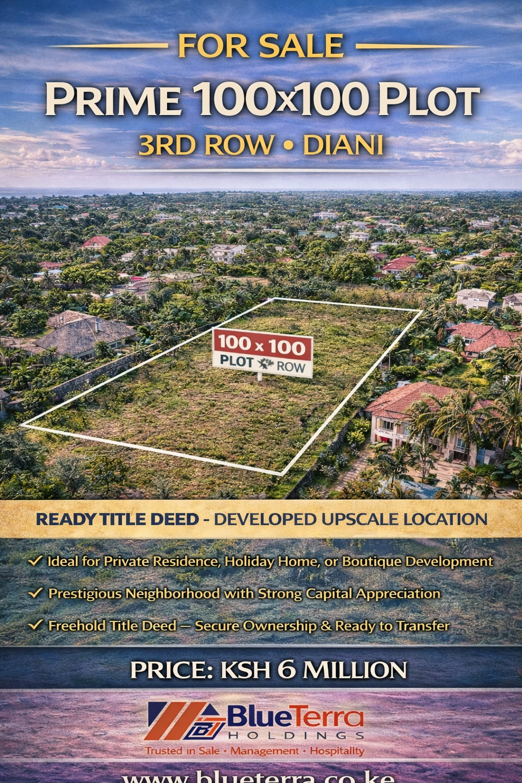 FOR SALE – Prime 100×100 Plot (3rd Row), Diani