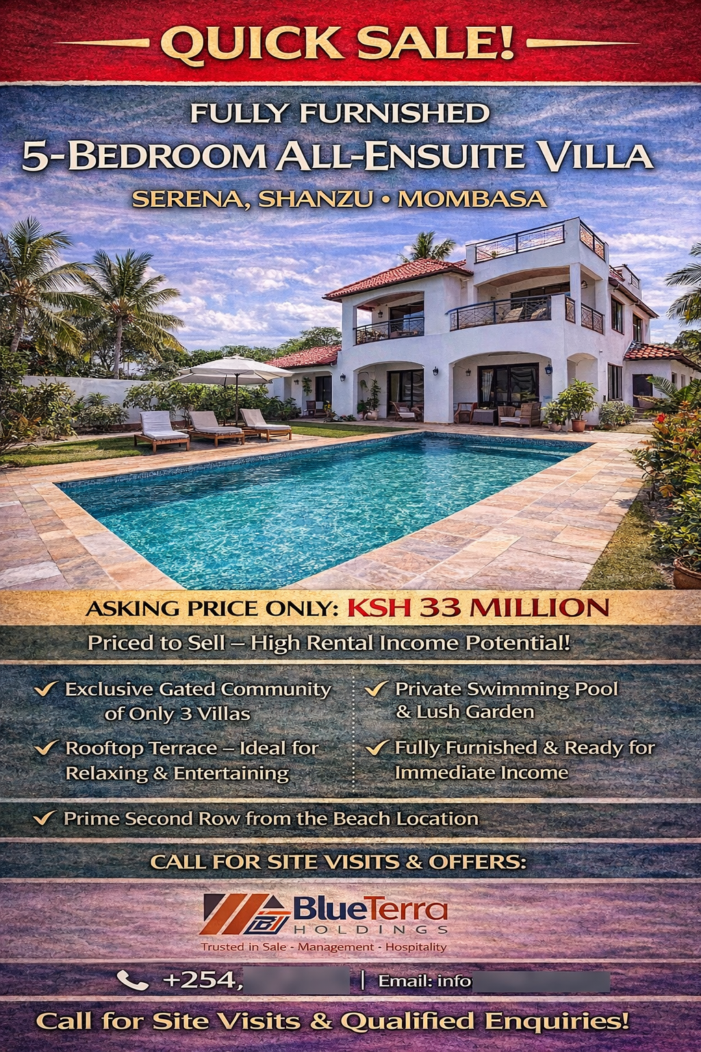 QUICK SALE – Fully Furnished 5-Bedroom All-Ensuite Villa, Serena Shanzu